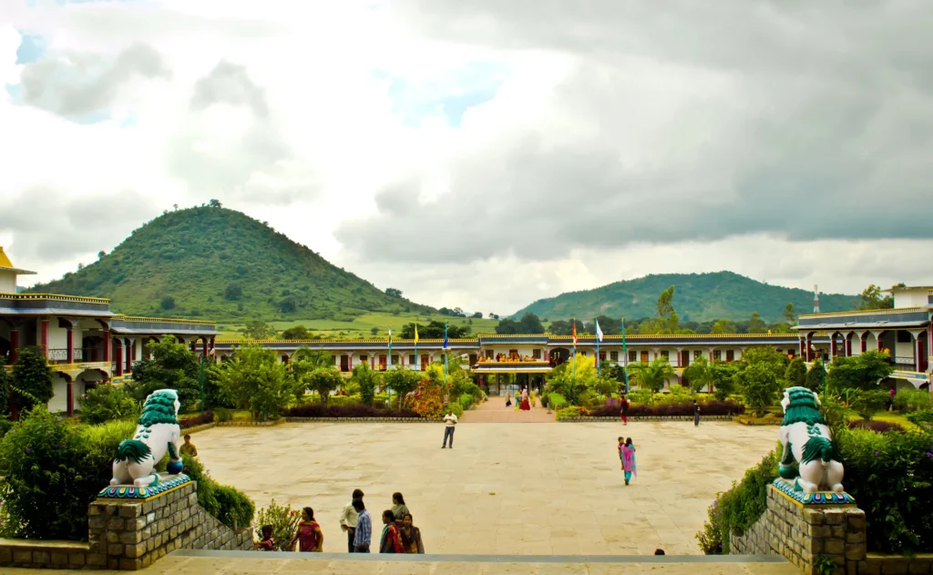 Padmasambhava Mahavihara monastery in Chandragiri Odisha surrounded by Eastern Ghats hills